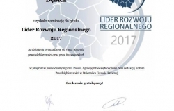 Nominacja do tytułu "Lider Rozwoju Regionalnego 2017" dla Miasta Dębicy za działania na rzecz rozwoju przedsiębiorczości