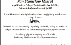 Zmarł Stanisław Mikrut, współtwórca Fabryki Farb i Lakierów Śnieżka, Członek Rady Nadzorczej Spółki